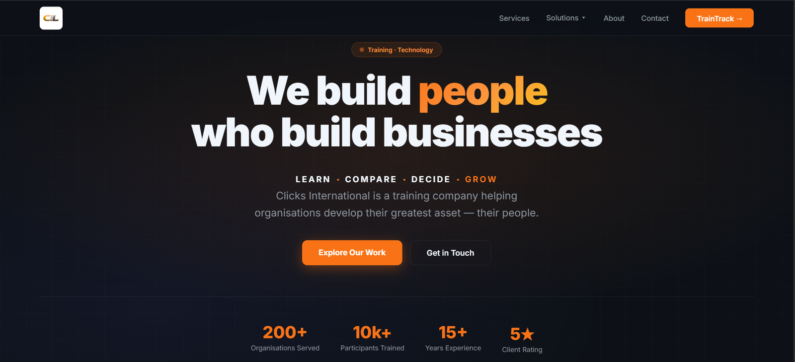 Clicks International homepage: 200+ organisations served, 10k+ participants trained